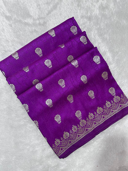 Premium purplish-pink Katan Banarasi Silk Saree with Silver Zari Floral Buta – Traditional Wedding & Festive Wear
