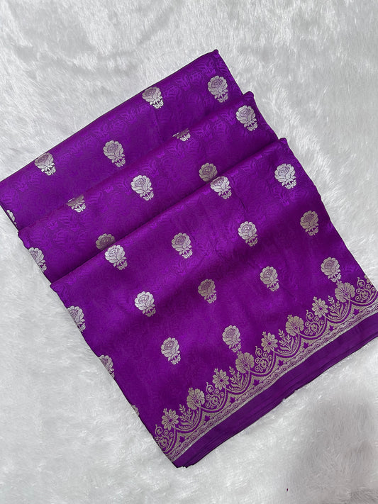 Premium purplish-pink Katan Banarasi Silk Saree with Silver Zari Floral Buta – Traditional Wedding & Festive Wear