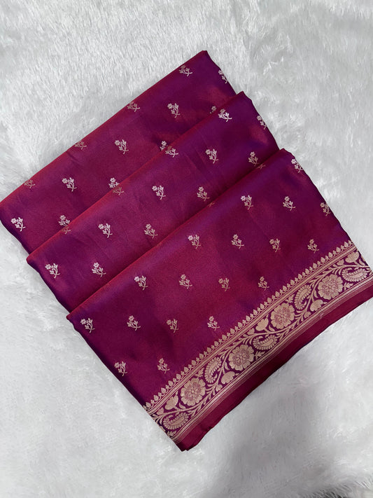 Premium Deep Magenta Banarasi Silk Saree With Elegant Double Zari Buti Border&nbsp;