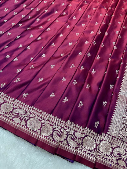 Premium Deep Magenta Banarasi Silk Saree With Elegant Double Zari Buti Border&nbsp;