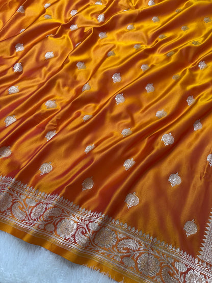 Premium Mustard Gold Banarasi Silk Saree With Elegant Double Zari Buti Border