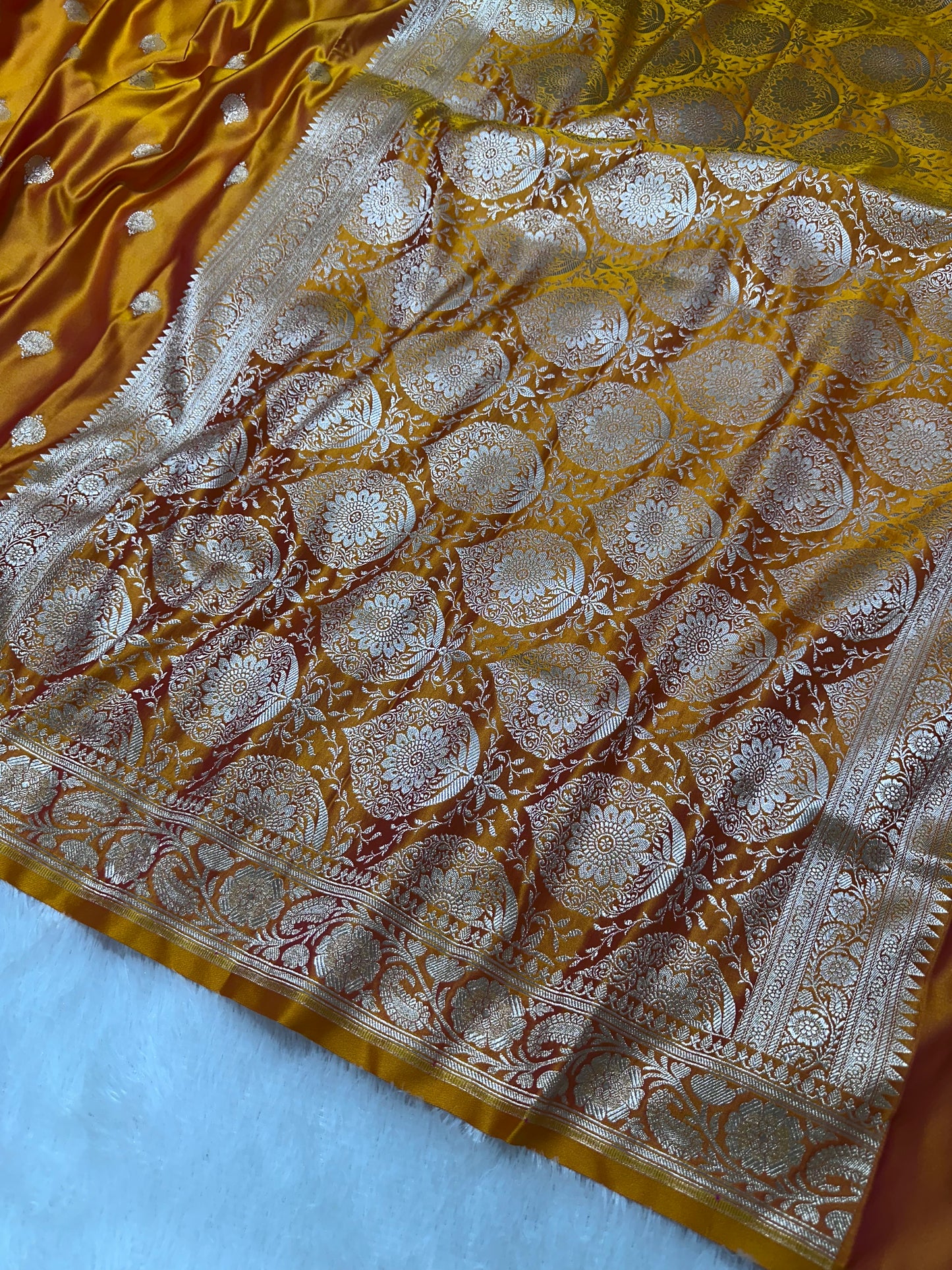 Premium Mustard Gold Banarasi Silk Saree With Elegant Double Zari Buti Border