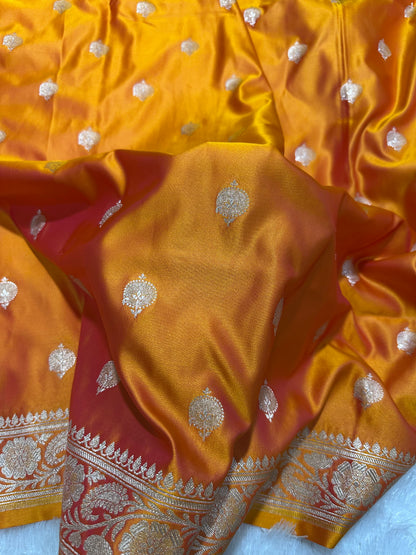 Premium Mustard Gold Banarasi Silk Saree With Elegant Double Zari Buti Border
