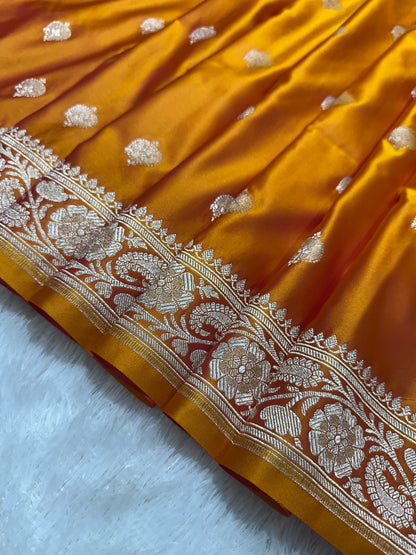 Premium Mustard Gold Banarasi Silk Saree With Elegant Double Zari Buti Border