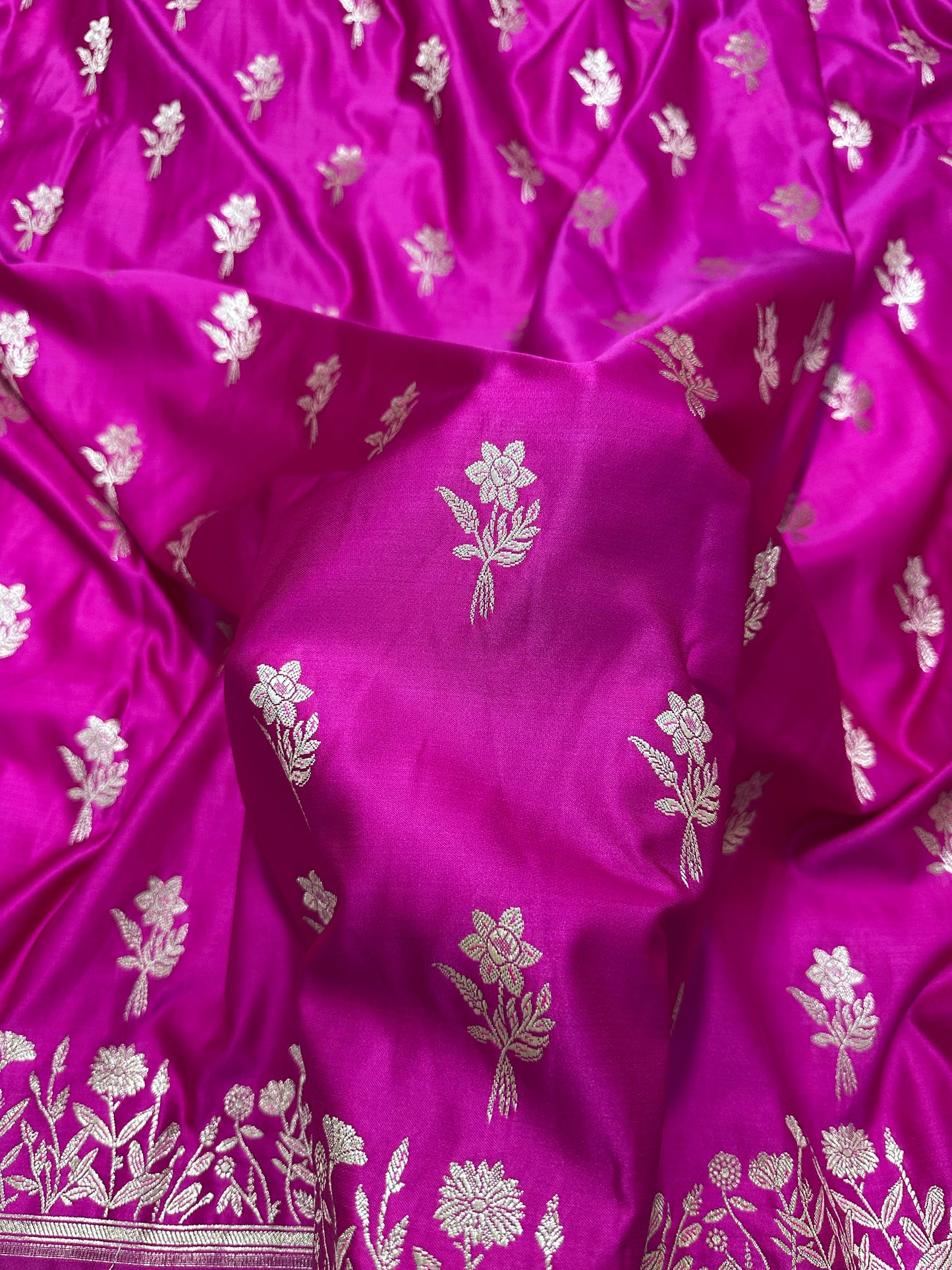 Premium Rani Pink Banarasi Silk Saree With Elegant Double Zari Buti Border&nbsp; (Copy) (Copy)