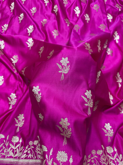 Premium Rani Pink Banarasi Silk Saree With Elegant Double Zari Buti Border&nbsp; (Copy) (Copy)