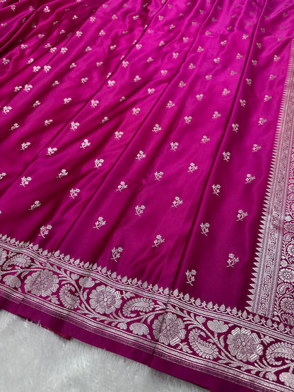 Magenta Pink Katan Silk Banarasi Saree with Classic Copper Zari Kalka-Bel Border and Delicate Floral Sprigs