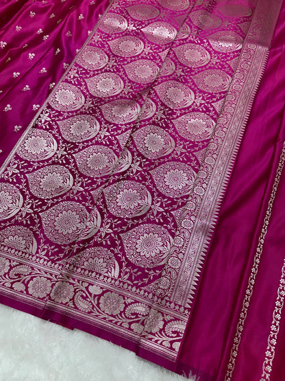 Magenta Pink Katan Silk Banarasi Saree with Classic Copper Zari Kalka-Bel Border and Delicate Floral Sprigs