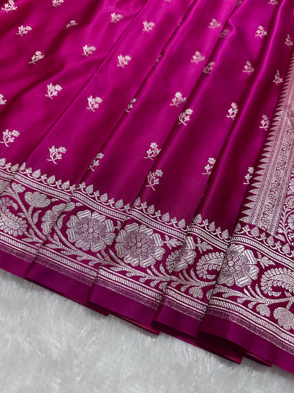 Magenta Pink Katan Silk Banarasi Saree with Classic Copper Zari Kalka-Bel Border and Delicate Floral Sprigs