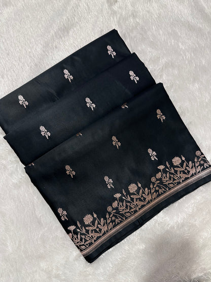 Premium Black Banarasi Silk Saree With Elegant Double Zari Buti Border