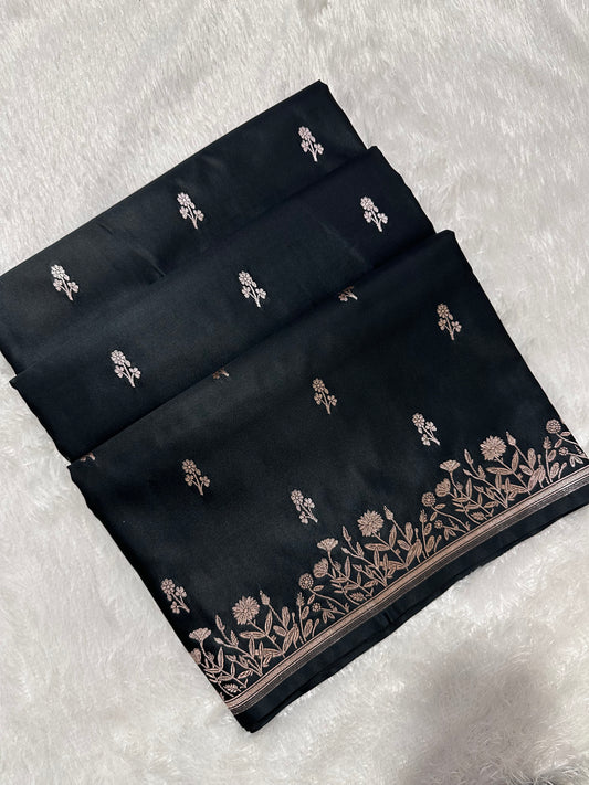 Premium Black Banarasi Silk Saree With Elegant Double Zari Buti Border