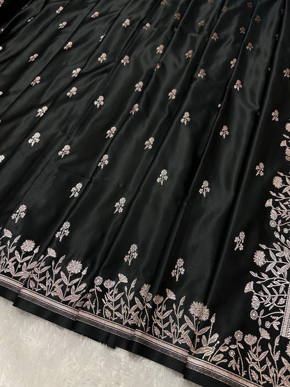 Premium Black Banarasi Silk Saree With Elegant Double Zari Buti Border