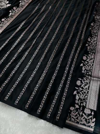 Premium Black Banarasi Silk Saree With Elegant Double Zari Buti Border