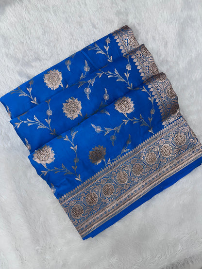 Royal Blue Pure Katan Silk Banarasi Saree with Intricate Floral Jaal and Traditional Copper Zari Weaved Border