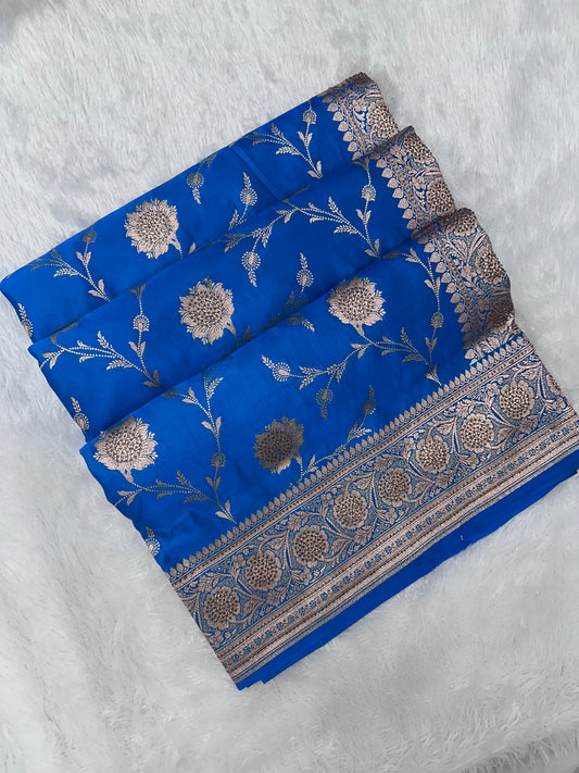 Royal Blue Pure Katan Silk Banarasi Saree with Intricate Floral Jaal and Traditional Copper Zari Weaved Border