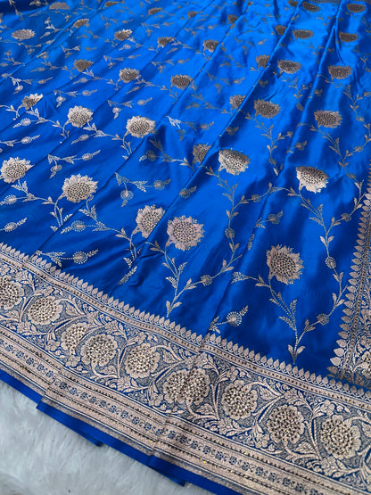 Royal Blue Pure Katan Silk Banarasi Saree with Intricate Floral Jaal and Traditional Copper Zari Weaved Border