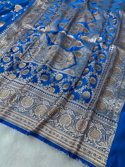 Royal Blue Pure Katan Silk Banarasi Saree with Intricate Floral Jaal and Traditional Copper Zari Weaved Border