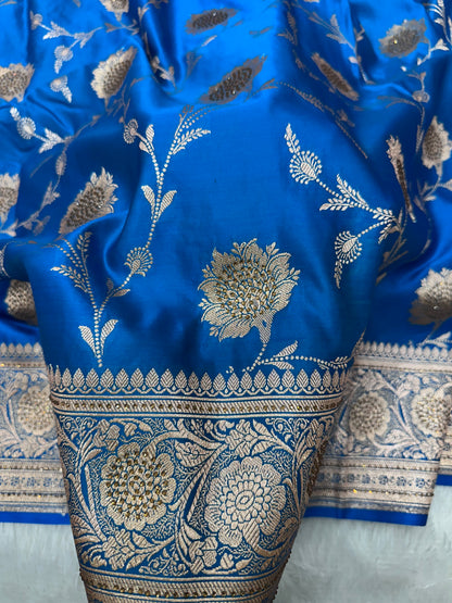 Royal Blue Pure Katan Silk Banarasi Saree with Intricate Floral Jaal and Traditional Copper Zari Weaved Border