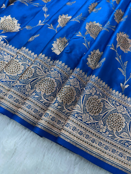 Royal Blue Pure Katan Silk Banarasi Saree with Intricate Floral Jaal and Traditional Copper Zari Weaved Border