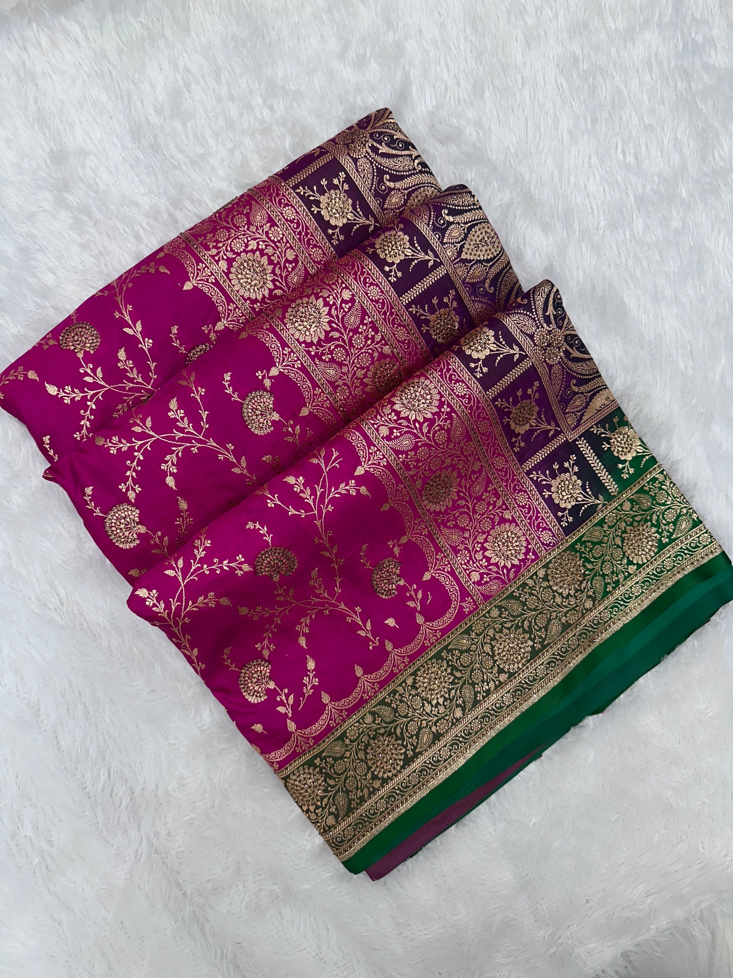 Vibrant Rani Pink and Deep Purple Silk Banarasi Saree with Multi-Color Ganga-Jamuna Border and Copper Zari Floral Jaal