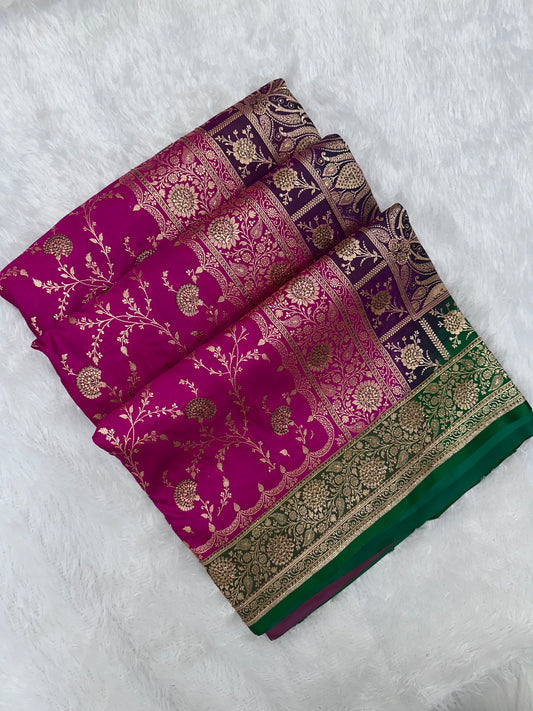 Vibrant Rani Pink and Deep Purple Silk Banarasi Saree with Multi-Color Ganga-Jamuna Border and Copper Zari Floral Jaal