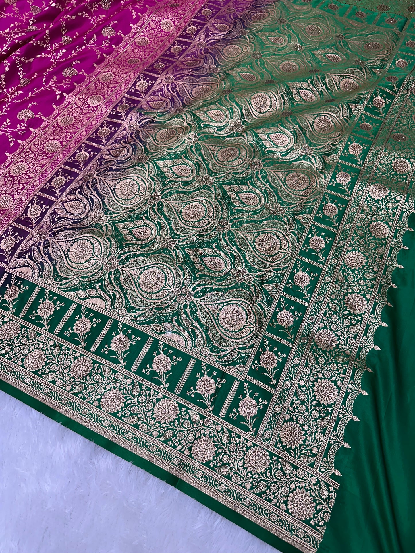 Vibrant Rani Pink and Deep Purple Silk Banarasi Saree with Multi-Color Ganga-Jamuna Border and Copper Zari Floral Jaal