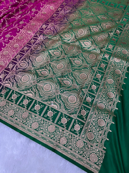 Vibrant Rani Pink and Deep Purple Silk Banarasi Saree with Multi-Color Ganga-Jamuna Border and Copper Zari Floral Jaal