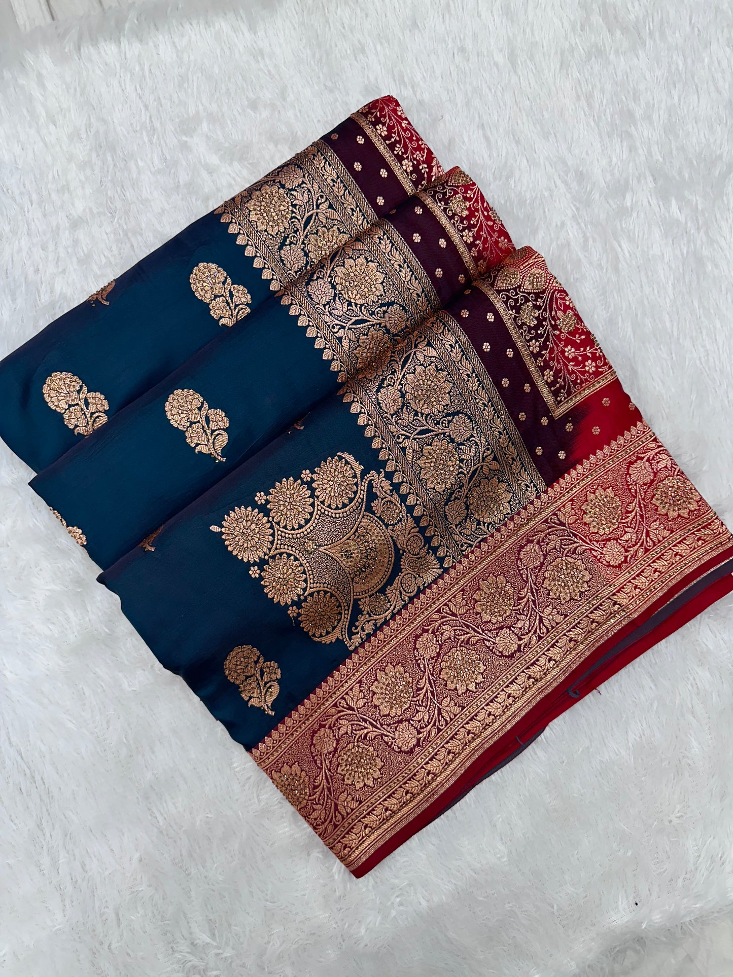 Ink Blue Pure Silk Banarasi Saree with Majestic Peacock-Flower Jhumka Motif and Copper Zari Ganga-Jamuna Border