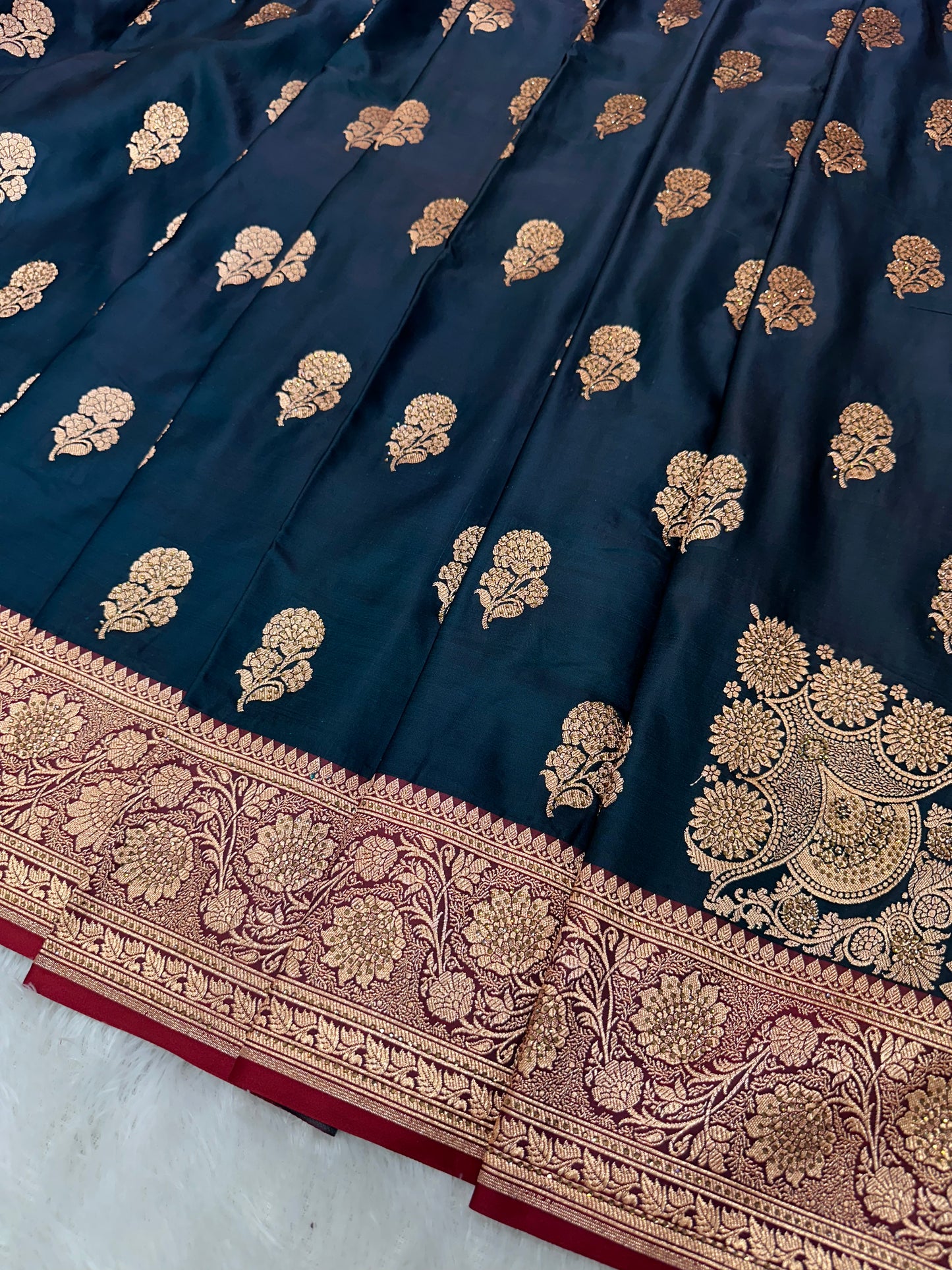 Ink Blue Pure Silk Banarasi Saree with Majestic Peacock-Flower Jhumka Motif and Copper Zari Ganga-Jamuna Border