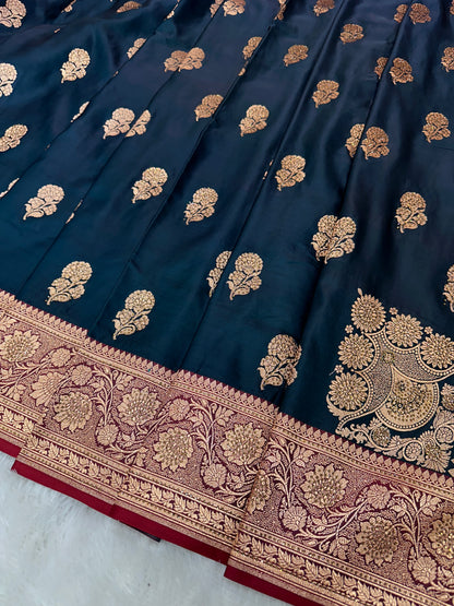 Ink Blue Pure Silk Banarasi Saree with Majestic Peacock-Flower Jhumka Motif and Copper Zari Ganga-Jamuna Border