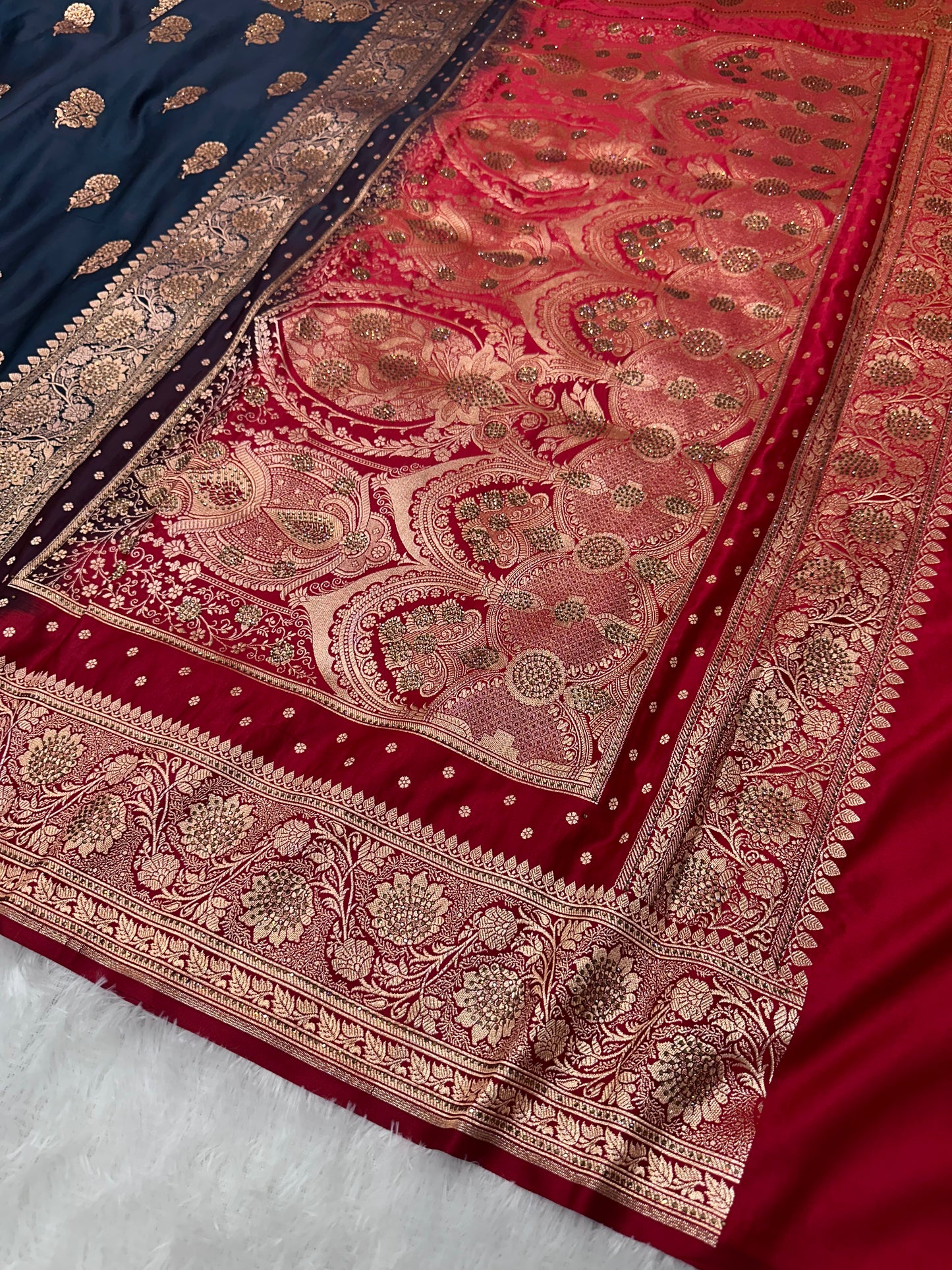 Ink Blue Pure Silk Banarasi Saree with Majestic Peacock-Flower Jhumka Motif and Copper Zari Ganga-Jamuna Border