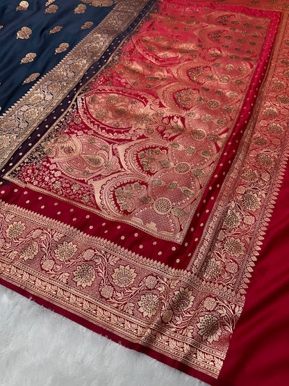 Ink Blue Pure Silk Banarasi Saree with Majestic Peacock-Flower Jhumka Motif and Copper Zari Ganga-Jamuna Border