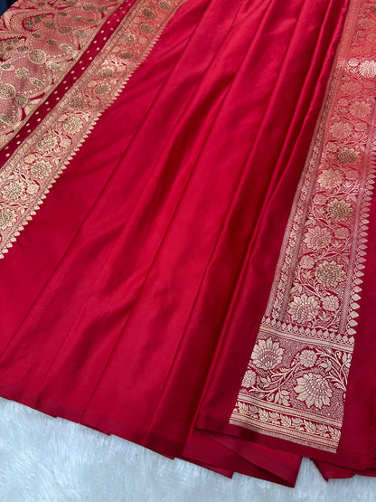 Ink Blue Pure Silk Banarasi Saree with Majestic Peacock-Flower Jhumka Motif and Copper Zari Ganga-Jamuna Border
