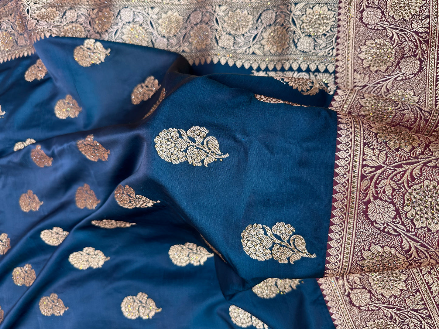 Ink Blue Pure Silk Banarasi Saree with Majestic Peacock-Flower Jhumka Motif and Copper Zari Ganga-Jamuna Border