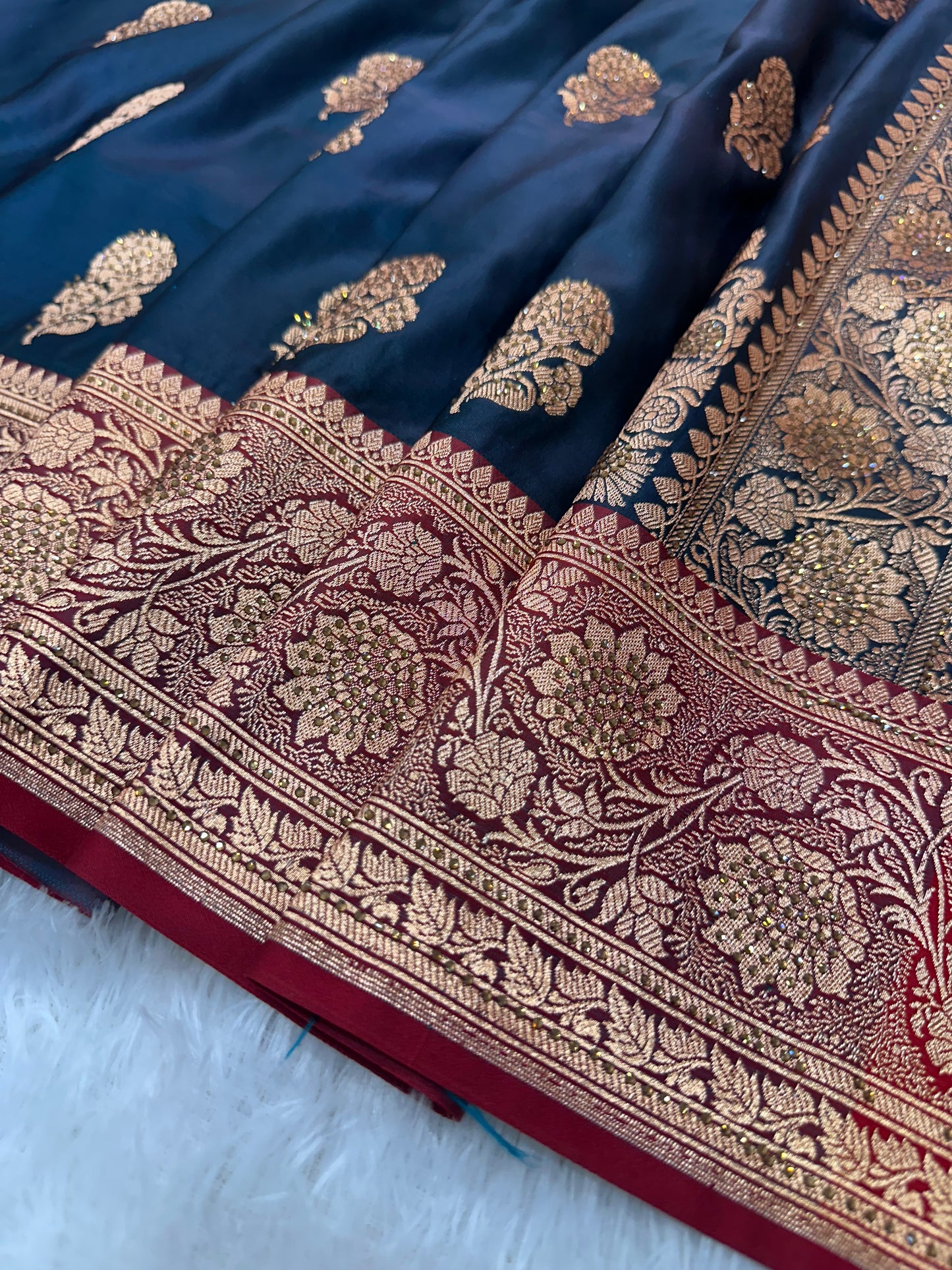 Ink Blue Pure Silk Banarasi Saree with Majestic Peacock-Flower Jhumka Motif and Copper Zari Ganga-Jamuna Border