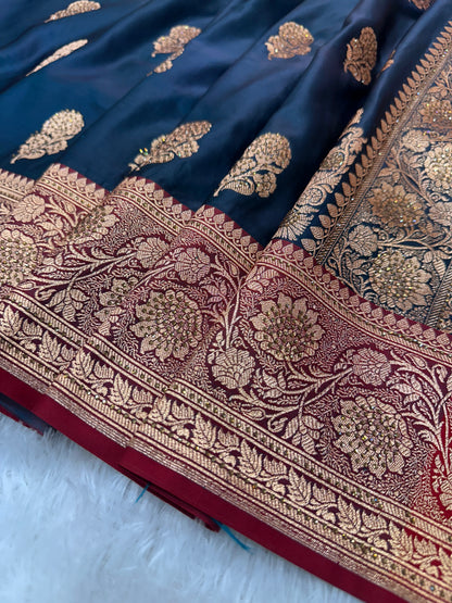Ink Blue Pure Silk Banarasi Saree with Majestic Peacock-Flower Jhumka Motif and Copper Zari Ganga-Jamuna Border