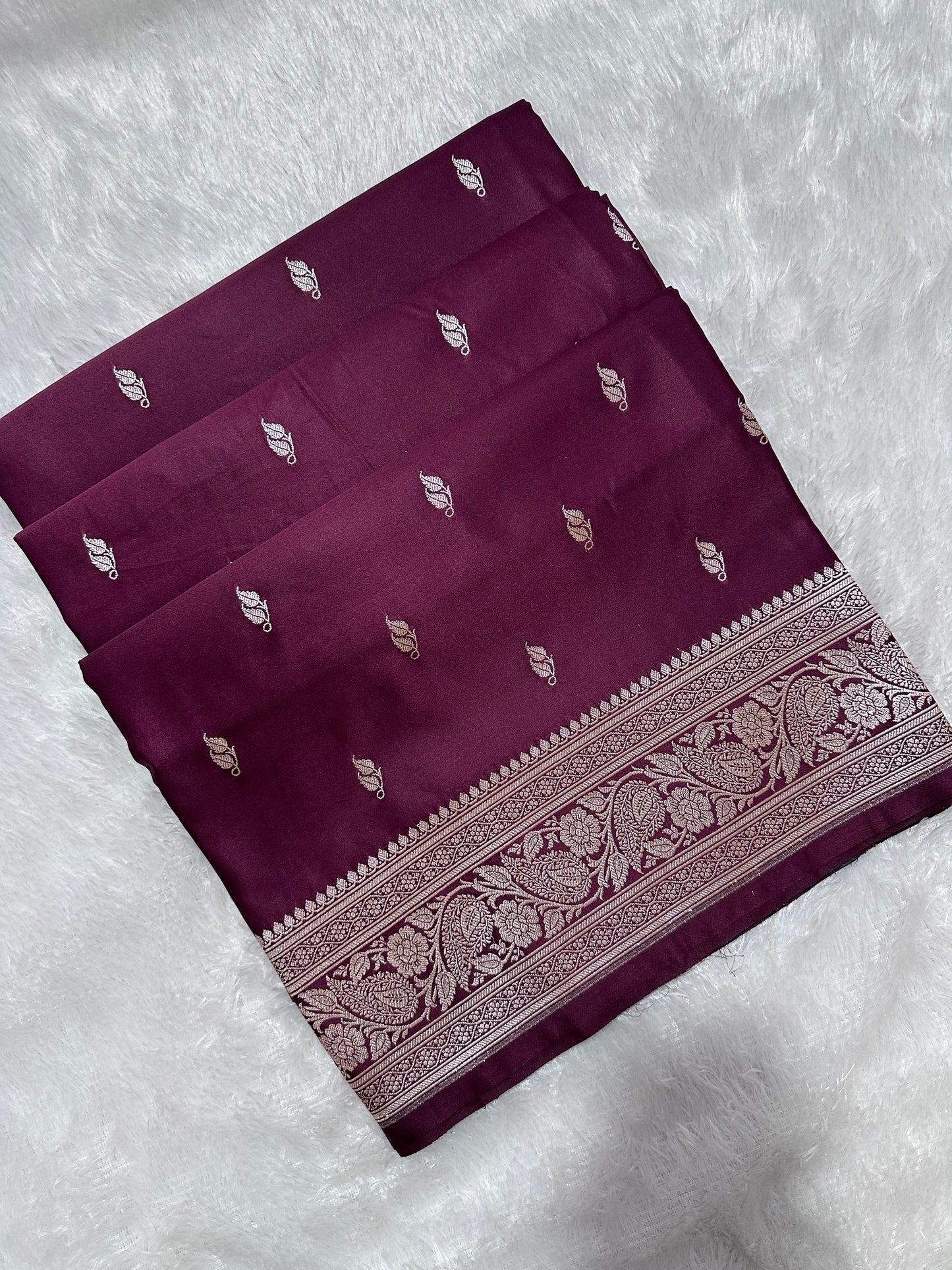 Deep Wine Katan Silk Banarasi Saree with Heritage Copper Zari Kalka Bel Border and Sleek Leaf Sprigs