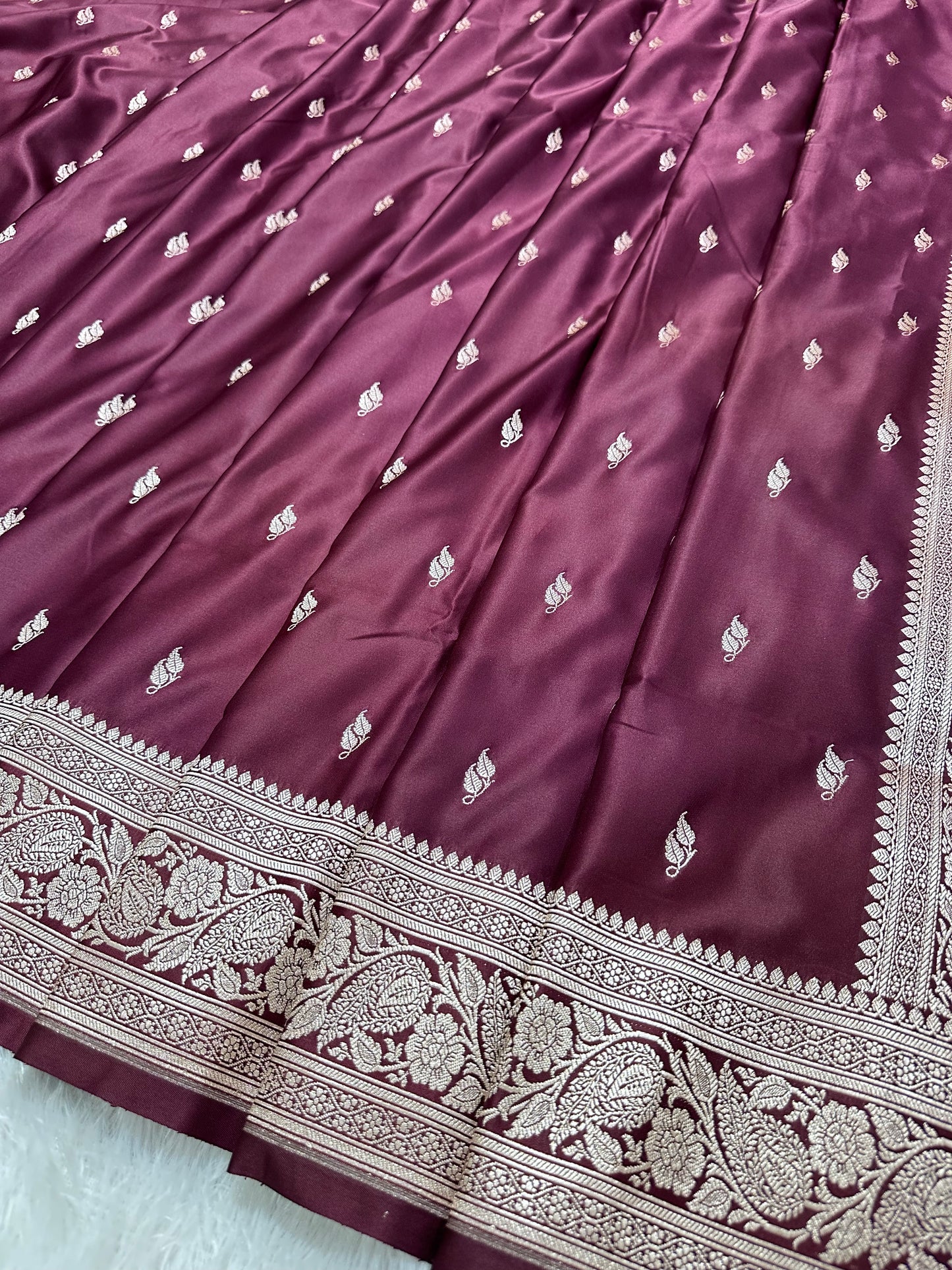 Deep Wine Katan Silk Banarasi Saree with Heritage Copper Zari Kalka Bel Border and Sleek Leaf Sprigs
