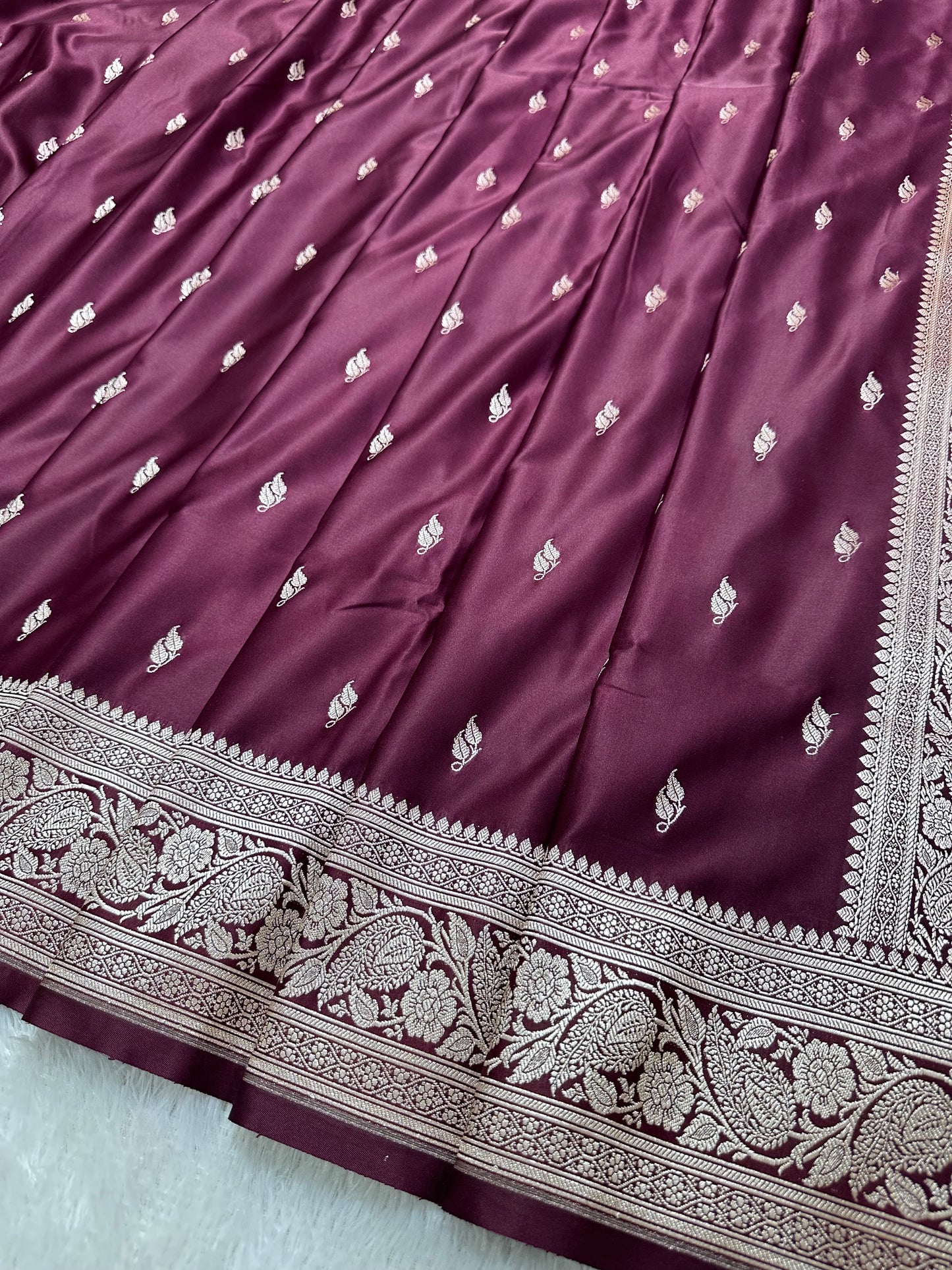 Deep Wine Katan Silk Banarasi Saree with Heritage Copper Zari Kalka Bel Border and Sleek Leaf Sprigs