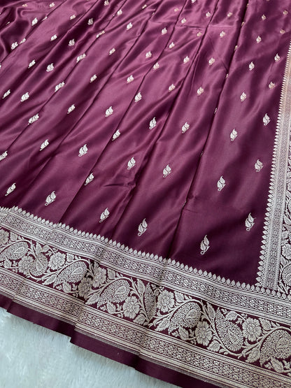 Deep Wine Katan Silk Banarasi Saree with Heritage Copper Zari Kalka Bel Border and Sleek Leaf Sprigs