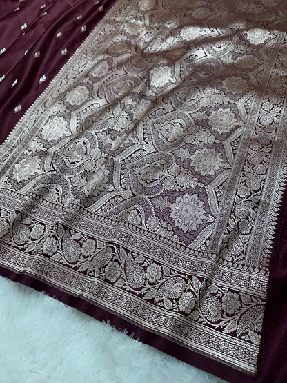 Deep Wine Katan Silk Banarasi Saree with Heritage Copper Zari Kalka Bel Border and Sleek Leaf Sprigs