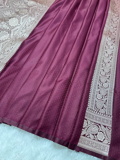 Deep Wine Katan Silk Banarasi Saree with Heritage Copper Zari Kalka Bel Border and Sleek Leaf Sprigs