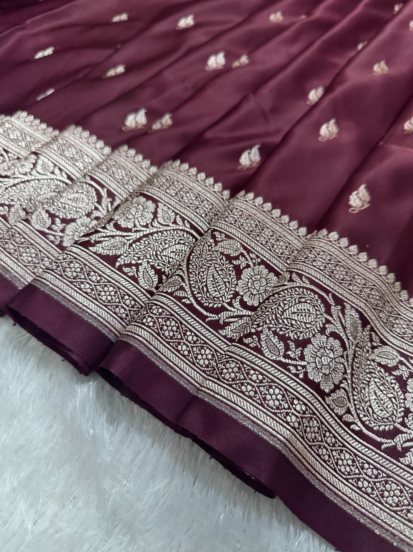 Deep Wine Katan Silk Banarasi Saree with Heritage Copper Zari Kalka Bel Border and Sleek Leaf Sprigs