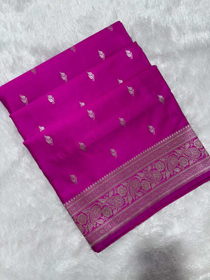 Onion Pink Katan Silk Banarasi Saree with Heritage Copper Zari Kalka Bel Border and Sleek Leaf Sprigs