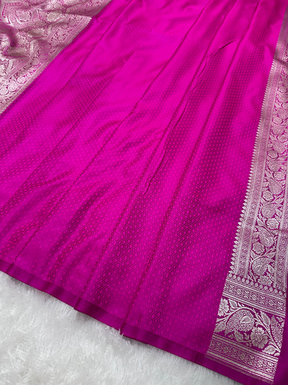 Onion Pink Katan Silk Banarasi Saree with Heritage Copper Zari Kalka Bel Border and Sleek Leaf Sprigs