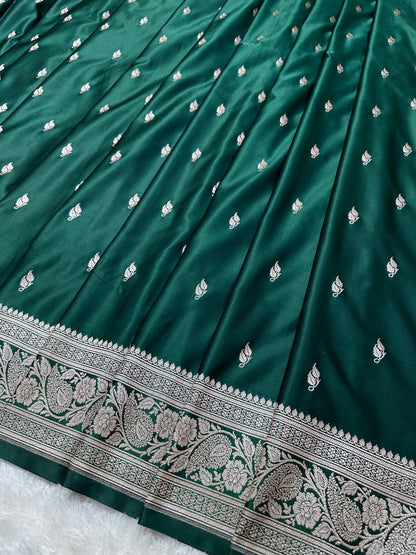 Bottle Green Katan Silk Banarasi Saree with Heritage Copper Zari Kalka Bel Border and Sleek Leaf Sprigs