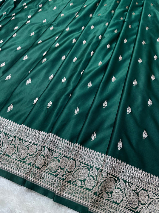 Bottle Green Katan Silk Banarasi Saree with Heritage Copper Zari Kalka Bel Border and Sleek Leaf Sprigs
