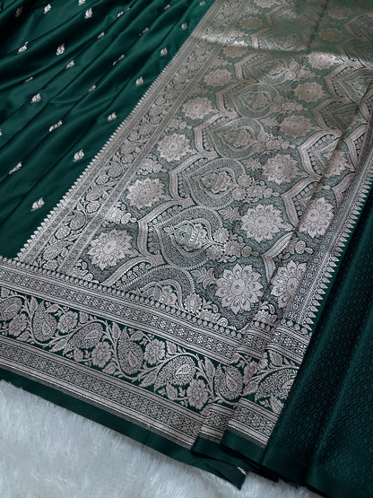 Bottle Green Katan Silk Banarasi Saree with Heritage Copper Zari Kalka Bel Border and Sleek Leaf Sprigs