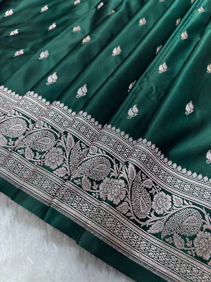 Bottle Green Katan Silk Banarasi Saree with Heritage Copper Zari Kalka Bel Border and Sleek Leaf Sprigs