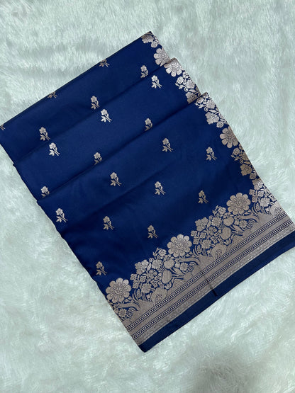 Navy Blue Katan Silk Banarasi Saree with Classic Copper Zari Arch-Bell Border and Elegant Floral Sprigs